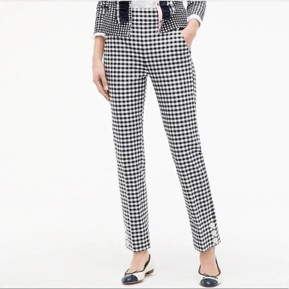 J.Crew Remi Pant with Buttons Women’s Navy & White Gingham Stretch NWT Size 8